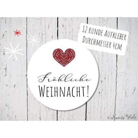 Fröhliche Weihnacht! mit Herz auf 12 Papieraufklebern in rot
