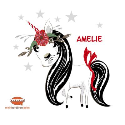 Wandtattoo: Einhorn + Wunschname - rot | Wandaufkleber - Türaufkleber Einhorn mit Blumen & Sternchen