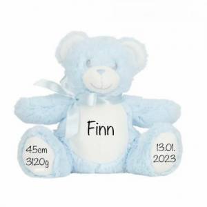 Kuscheltier Teddybär mit Name Personalisiert | Geburtsdaten in Rosa , Blau und Weiß erhältlich Bild 1