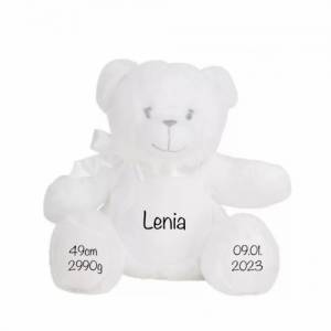 Kuscheltier Teddybär mit Name Personalisiert | Geburtsdaten in Rosa , Blau und Weiß erhältlich Bild 2
