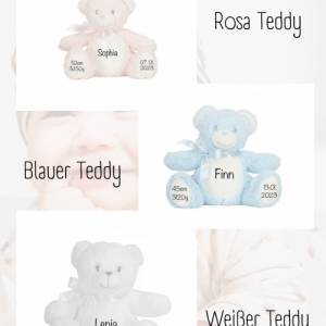 Kuscheltier Teddybär mit Name Personalisiert | Geburtsdaten in Rosa , Blau und Weiß erhältlich Bild 4