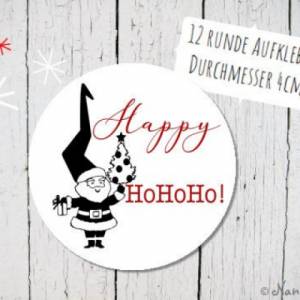 Weihnachtswichtel wünscht Happy Hohoho 12 DIY Papieraufkleber in rot mit schwarz weiß 4cm rund Bild 2