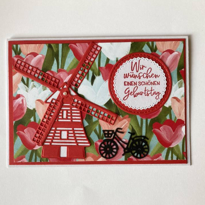 Geburtstagskarte Glückwunschkarte Windmühle Holland Fans Handarbeit Tulpen Windmühle