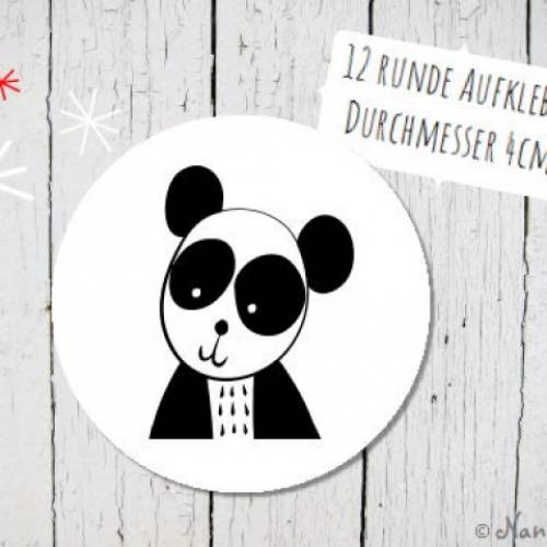 Runde Papieraufkleber mit Panda in schwarz-weiß 4cm