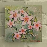 ROSA BLÜTEN - kleines Blütenbild auf Leinwand je 20cmx20cm mit Glitter und Strukturpaste Bild 1