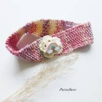 Baby/Kleinkind - handgestricktes Stirnband mit Blume u. Regenbogen,Haarband,Geschenk,Geburt,Taufe,Mädchen,rosa,wollweiß Bild 1