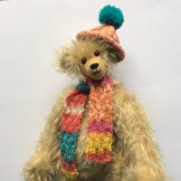 Bommelmütze und Schal für Teddybären, handgestrickt mit Muster, für Größe ca. 30-35 cm, bunt Bild 1