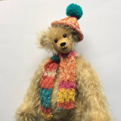 Bommelmütze und Schal für Teddybären, handgestrickt mit Muster, für Größe ca. 30-35 cm, bunt