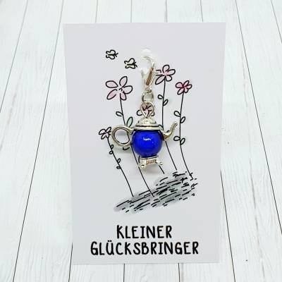 Glücksbringer Kanne silberfarben/blau – Anhänger für Heißgetränkliebhaber & Geschenkidee