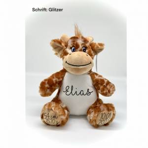 Kuscheltier Giraffe Personalisiert mit Namen, Geburtsdatum, Größe, Gewicht, Geschenkidee Bild 5