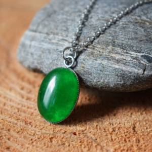 Kette Jade grün, Oval, Silber, Edelstein grün Kette, Halskette grüner Stein, Jade Anhänger, Grün, Silberkette mit grünem Bild 3