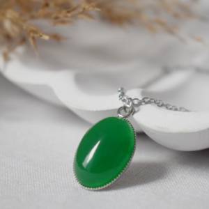 Kette Jade grün, Oval, Silber, Edelstein grün Kette, Halskette grüner Stein, Jade Anhänger, Grün, Silberkette mit grünem Bild 4