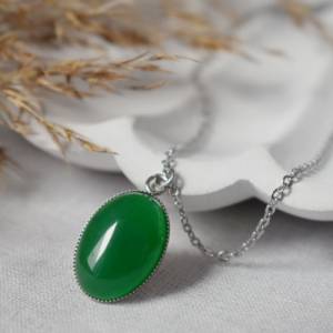 Kette Jade grün, Oval, Silber, Edelstein grün Kette, Halskette grüner Stein, Jade Anhänger, Grün, Silberkette mit grünem Bild 5