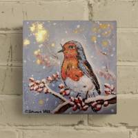 ROTKEHLCHEN - niedliches Vogelbild mit verschneiten Beeren 20cmx20cm mit Glitter - Künstlerin Christiane Schwarz Bild 1