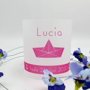 DIY Taufe Windlicht mit rosa Faltboot personalisiert mit Namen Bild 1