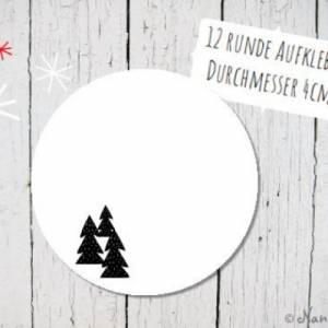 Papieraufkleber zum Selbstbeschriften mit Tannenwald in schwarz-weiß 4cm rund Bild 1