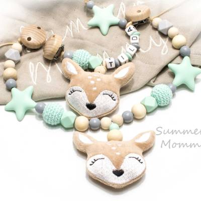 Kinderwagenkette Wagenkette einzeln oder als Spar Set Holz Schnullerkette Reh Rehe Geschenk