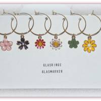 6 Glasmarker Blumen Emaille, Glasmarkierer goldfarben bunt, Weinglasringe Bild 2