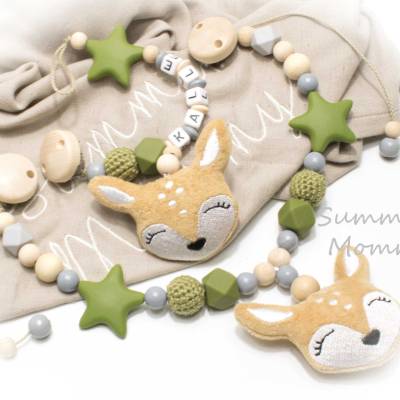 Kinderwagenkette Wagenkette einzeln oder als Spar Set Holz Schnullerkette Reh Rehe Geschenk