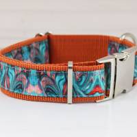 Hundehalsband oder Hundegeschirr, modernes Design, türkis, rot und orange Bild 1