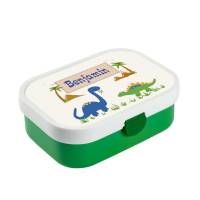 Brotdose Mepal mit Namen, Lunchbox & Trinkflasche für Jungen mit Obsteinsatz und Gabel, Motiv Dinosaurier Bild 1