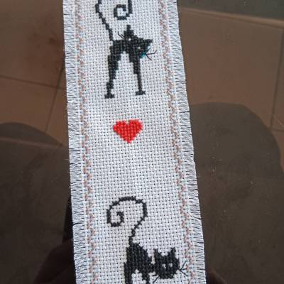 Lesezeichen, gestickt, Katzen Liebe