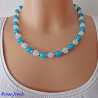 Glaskette kurz Opalglas Perlen weiß & synthetische Jade Perlen blau Glasperlen Kette Perlenkette Collier Bild 2