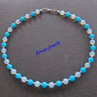 Glaskette kurz Opalglas Perlen weiß & synthetische Jade Perlen blau Glasperlen Kette Perlenkette Collier Bild 3