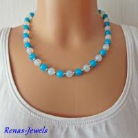 Glaskette kurz Opalglas Perlen weiß & synthetische Jade Perlen blau Glasperlen Kette Perlenkette Collier Bild 4