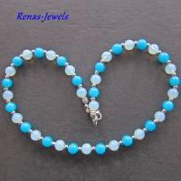 Glaskette kurz Opalglas Perlen weiß & synthetische Jade Perlen blau Glasperlen Kette Perlenkette Collier Bild 5