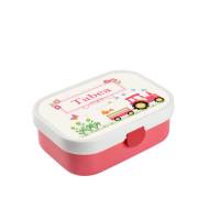 Brotdose Mepal mit Namen, Lunchbox & Trinkflasche für Mädchen mit Obsteinsatz und Gabel, Motiv Traktor pink Bild 1