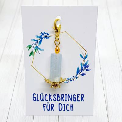 Glücksbringer Frühlingslicht Kerze goldfarben/blau – Handgemachter Anhänger als Geschenk