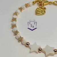 Schönes Perlmutt Perlenarmband mit Hämatit Sterne, Herzversschluss und Herz Charm, goldfarben Bild 5