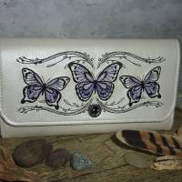 Geldbörse Schmetterlinge Groß creme weiß lila Geldbeutel Kunstleder Portemonnaie bestickt Bild 1
