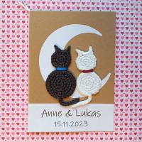 Hochzeitskarte verliebtes Katzenpaar gehäkelt Mondschein mit Wunschtext Bild 3