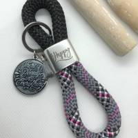 Schlüsselanhänger aus Segelseil/Segeltau, Zwischenstück: "be Happy", schwarz/grau/pink/weiß Bild 1