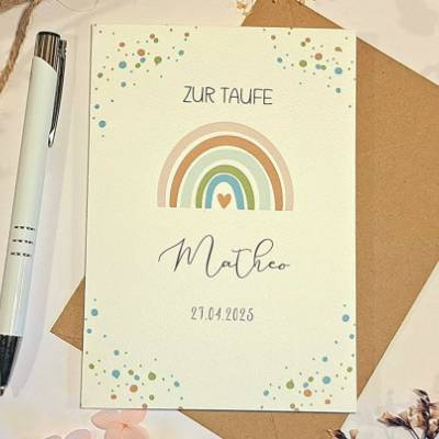 Taufkarte personalisiert Junge – Glückwunschkarte zur Taufe mit Namen & Datum – Regenbogen Karte A6 mit Umschlag