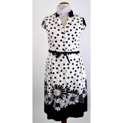  Damen Hemdblusenkleid Weiß mit schwarze Punkte