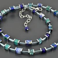 Zierliche blaue Würfelkette mit Edelsteinen - Halskette Lapislazuli Türkis Apatit Azurit-Malachit Edelsteinkette Bild 3