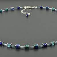 Zierliche blaue Würfelkette mit Edelsteinen - Halskette Lapislazuli Türkis Apatit Azurit-Malachit Edelsteinkette Bild 4