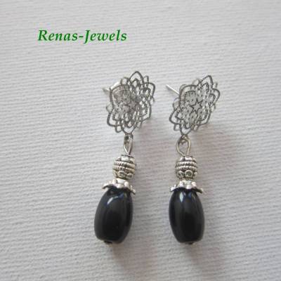 Elegante Onyx Ohrstecker oval schwarz silberfarben – Edelstein Ohrringe handgefertigt