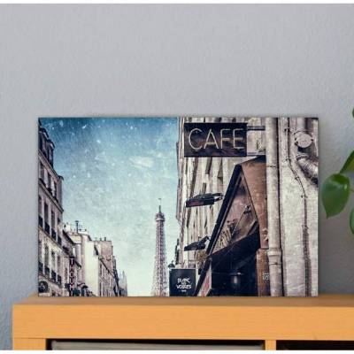 Vintage Paris – Straßenszene mit Eiffelturm & Café | Fotografie auf Alu-Dibond | Nostalgische Wandkunst | 40 × 30 cm | B