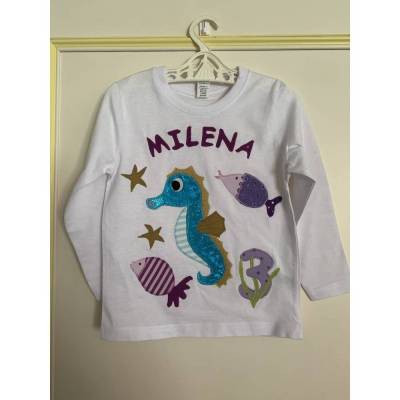 Geburtstagsshirt Namensshirt T-Shirt Mädchen benäht Applikation Seepferd Meer Seestern personalisierbar Name ab Gr.92