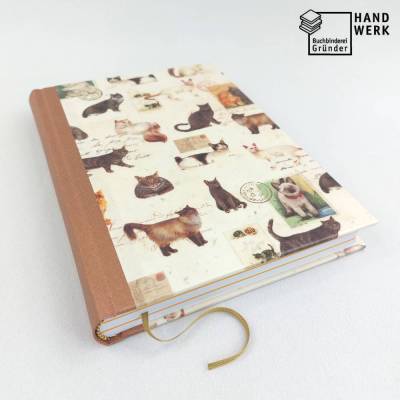 Notizbuch, Katzen, kupfer metallic, A5, 300 Seiten, fadengeheftet, handgefertigt, Hardcover