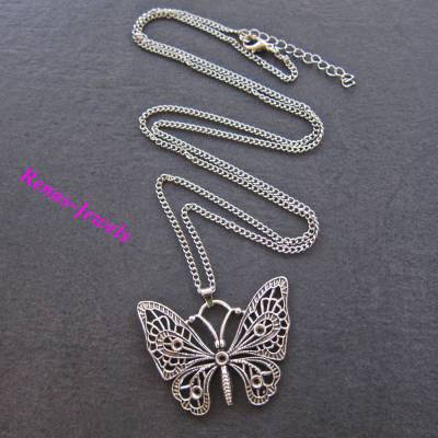 Schmetterling Kette lang mit XXL Schmetterling Anhänger silberfarben Halskette Schmetterling