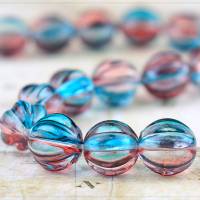20 Acryl Perlen Kürbis Form blau rot lila transparent zweifarbig DIY Basteln rund 7,5x8mm Bild 1