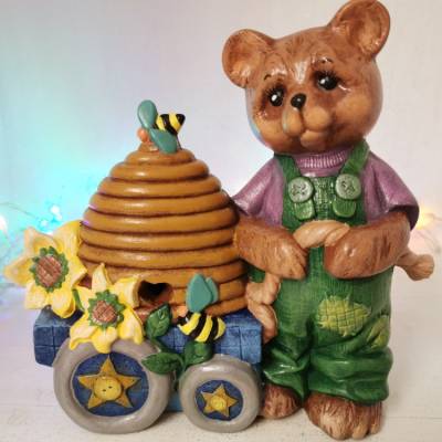 Süsser Keramik Teddy mit Bienwagen