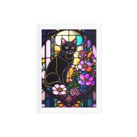 Digitaler Download Motiv "Schwarze Katze Tiffany" Sublimation png 300dpi Kunstdruck A4 Katze Blumen Bild 1
