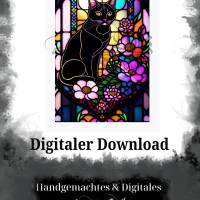 Digitaler Download Motiv "Schwarze Katze Tiffany" Sublimation png 300dpi Kunstdruck A4 Katze Blumen Bild 2