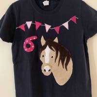 Geburtstagsshirt Namensshirt T-Shirt Mädchen benäht Applikation Pferd Wimpelkette personalisierbar Name ab Gr.92 Bild 1
